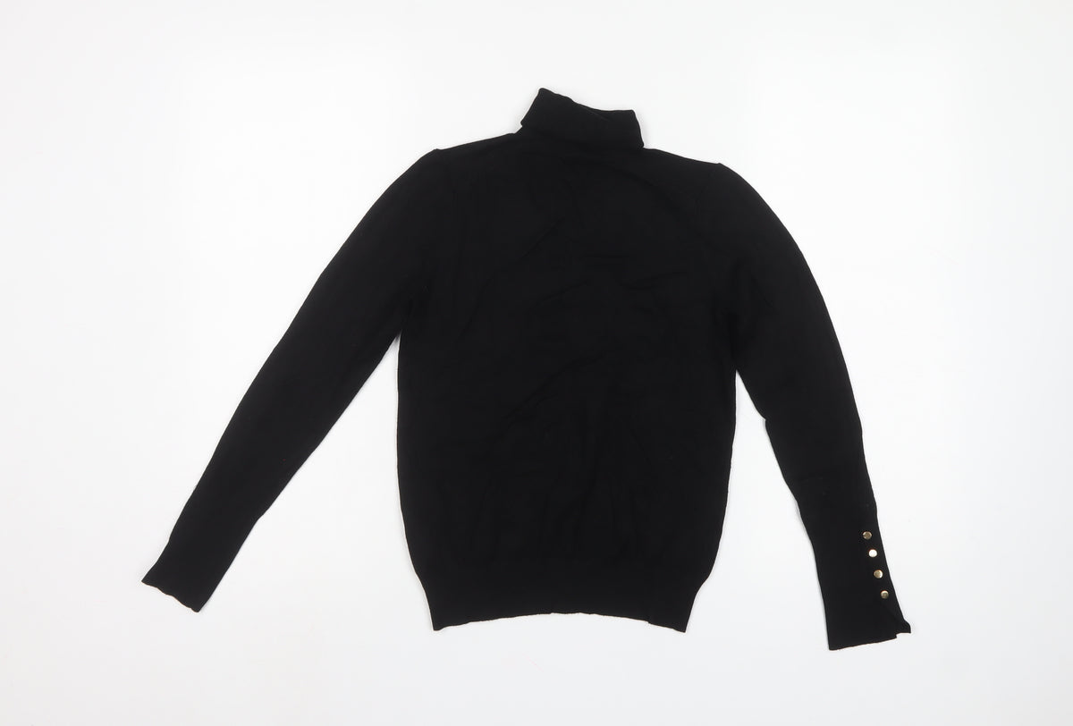 Zara Women Black UK 12 Roll Neck Knit Pullover Jumper Gold Button Cuffs