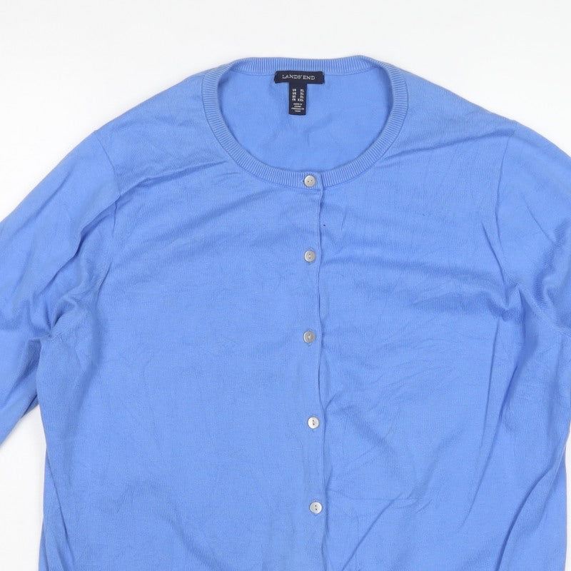 Lands' End Women Blue XL Crew Neck Button Knit Cardigan