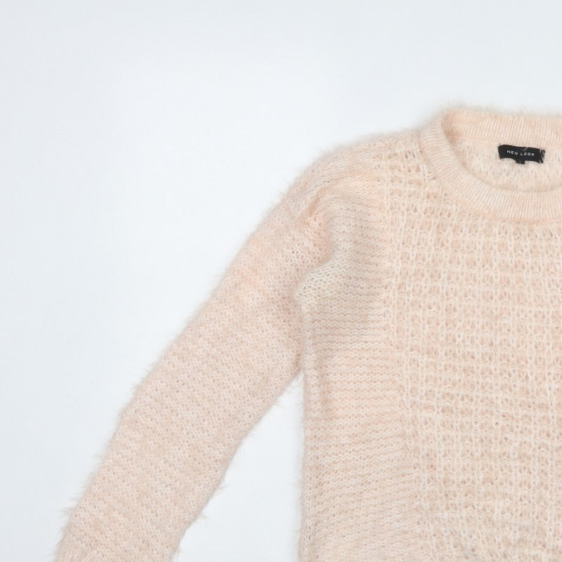 New Look Women Pink UK 8 Fluffy Open-Knit Crew Neck Pullover Jumper
