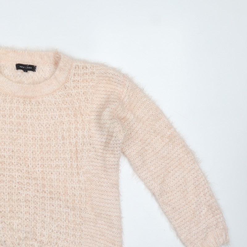 New Look Women Pink UK 8 Fluffy Open-Knit Crew Neck Pullover Jumper