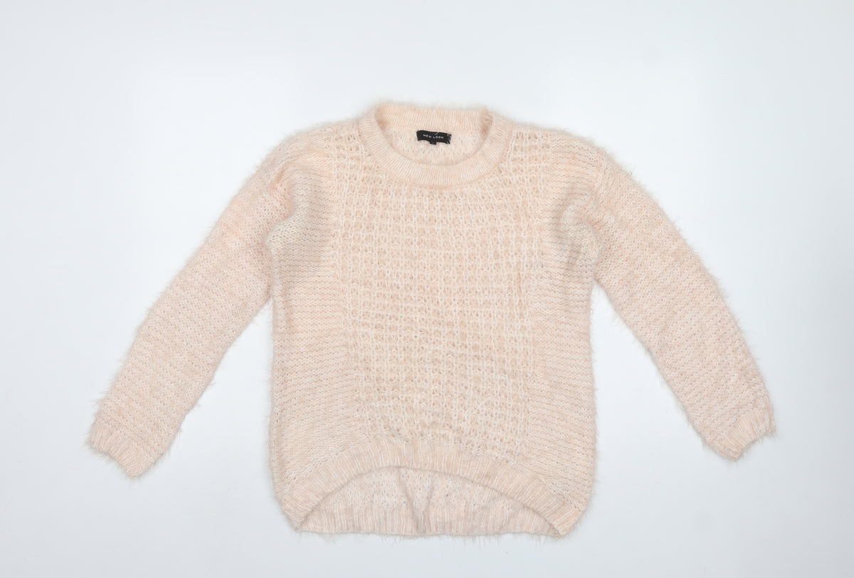 New Look Women Pink UK 8 Fluffy Open-Knit Crew Neck Pullover Jumper