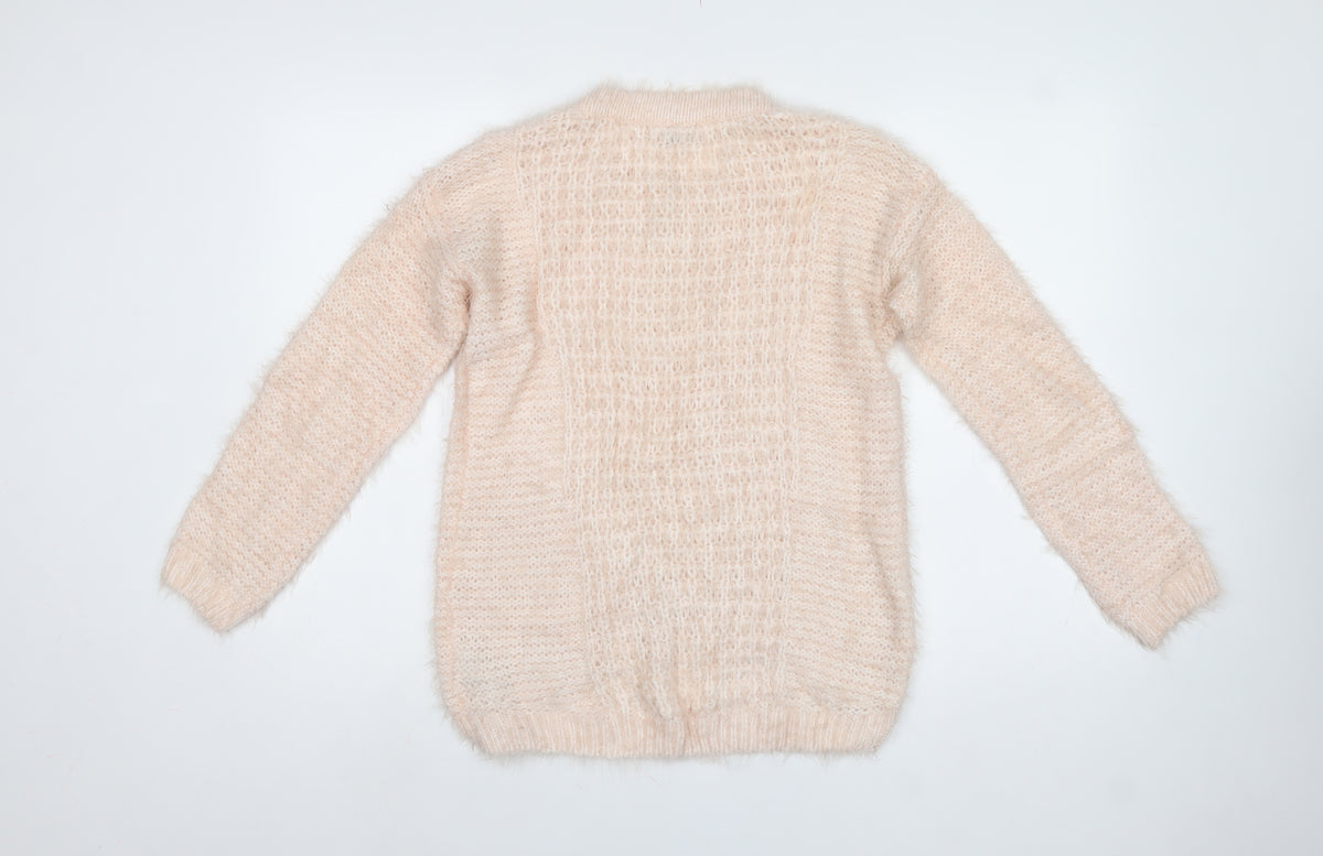 New Look Women Pink UK 8 Fluffy Open-Knit Crew Neck Pullover Jumper