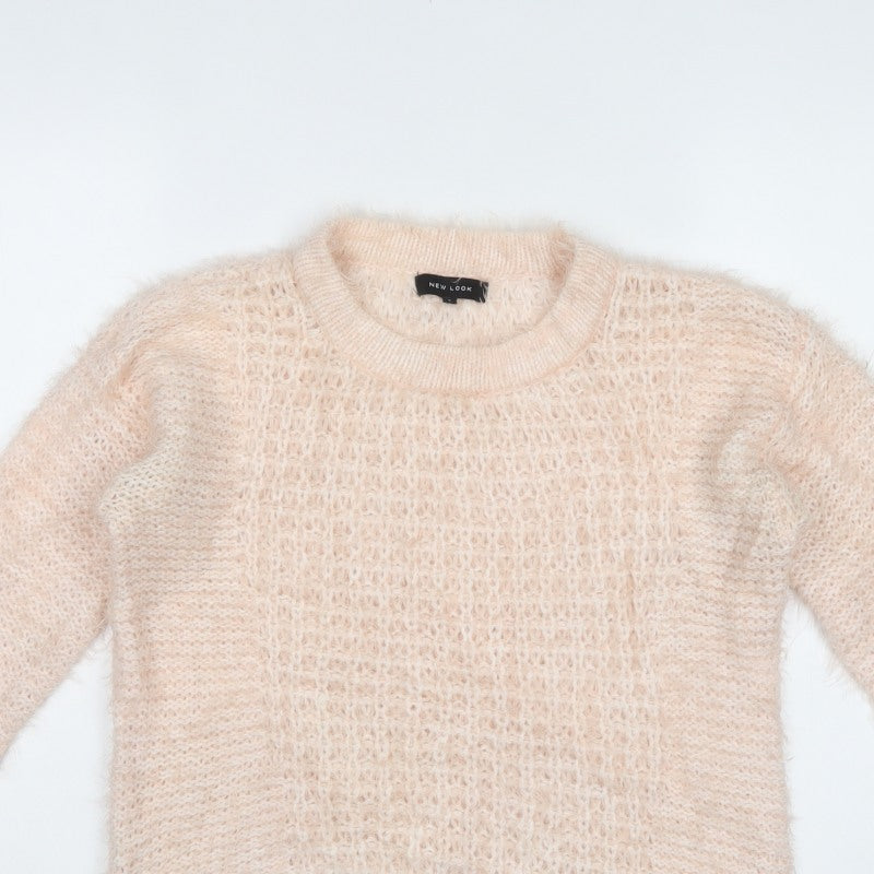 New Look Women Pink UK 8 Fluffy Open-Knit Crew Neck Pullover Jumper