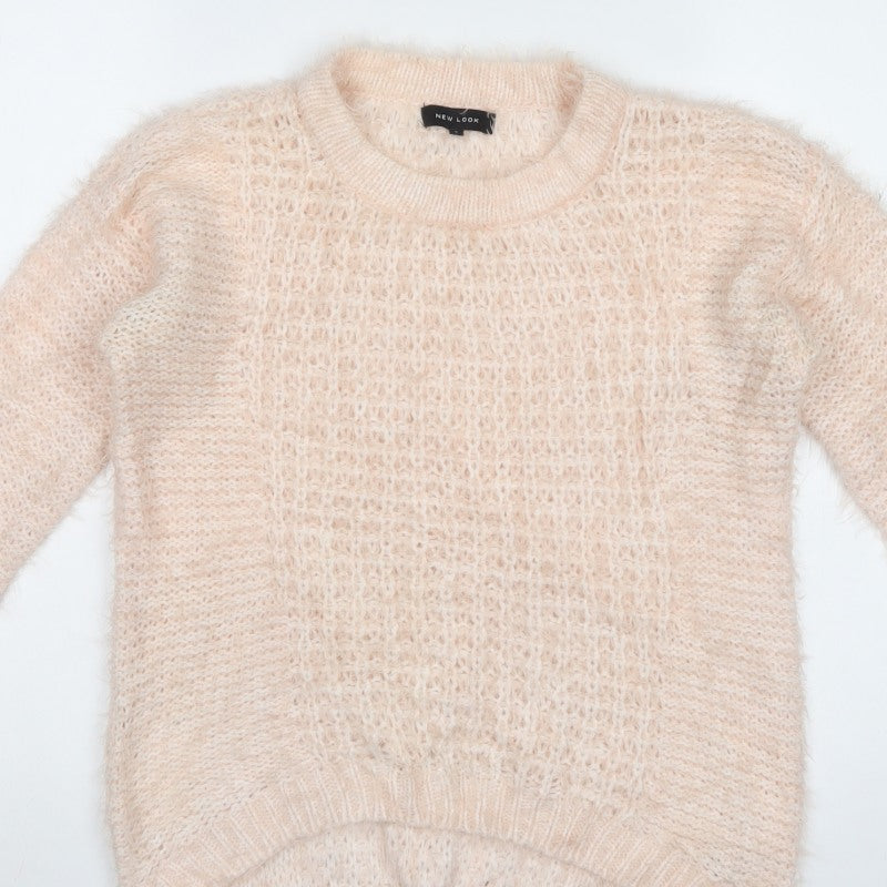 New Look Women Pink UK 8 Fluffy Open-Knit Crew Neck Pullover Jumper