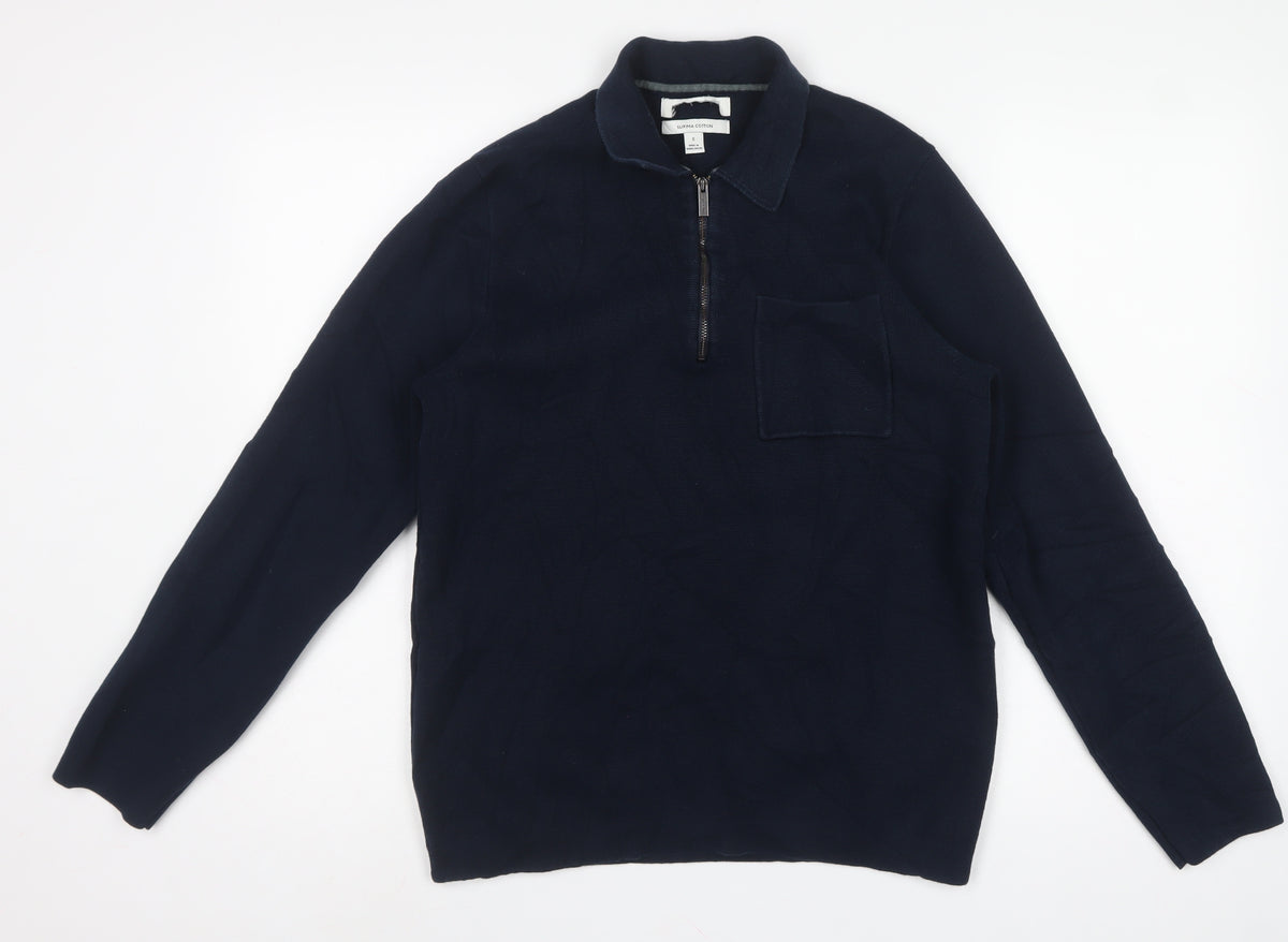 Marks and Spencer Men’s Blue Supima Cotton S Half Zip Collared Jumper