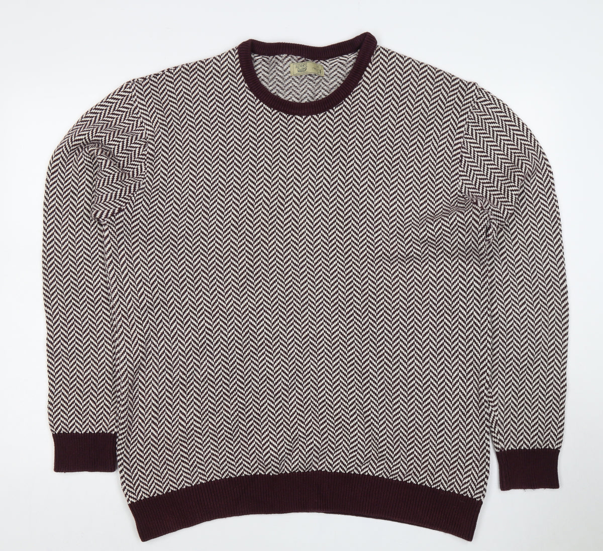 Next Men's Burgundy Cream Large Herringbone Crew Neck Knit Pullover Jumper