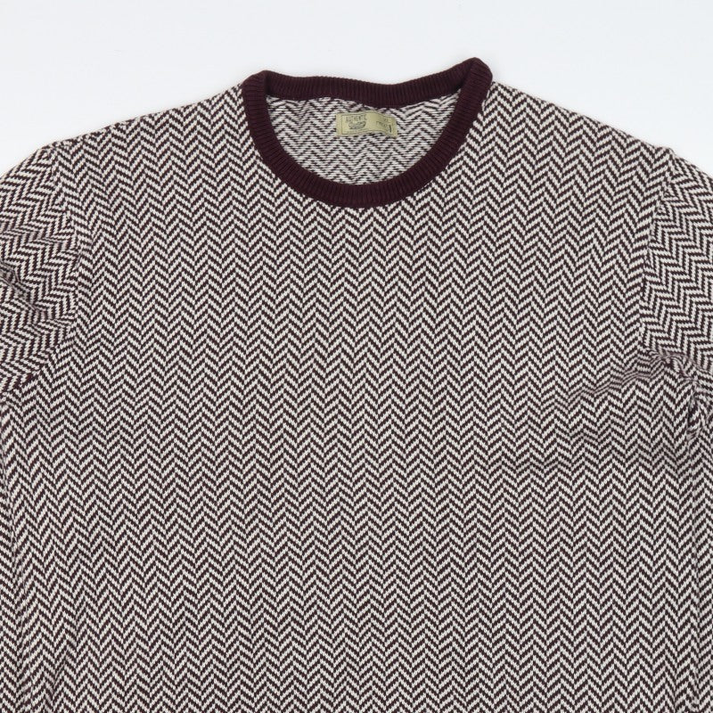 Next Men's Burgundy Cream Large Herringbone Crew Neck Knit Pullover Jumper