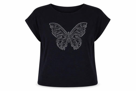 TJ Woman Women Black Size 24 Butterfly Rhinestone Short Sleeve T-Shirt