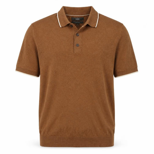 Marks and Spencer Men’s Brown M Cotton Rich Knit Short Sleeve Polo