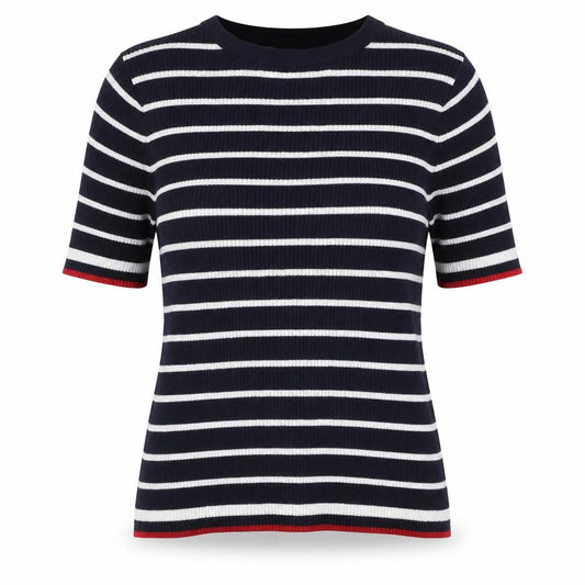 Marks and Spencer Women Blue Stripe Ribbed Jersey Top UK 12 Short Sleeve