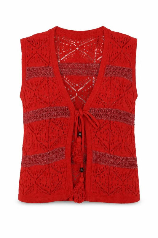 Marks and Spencer Women Red S Open-Knit Tassel Tie Sleeveless Vest