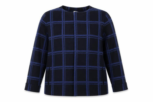 Country Casuals Women Blue Black Check Open Cardigan L Knit Pockets