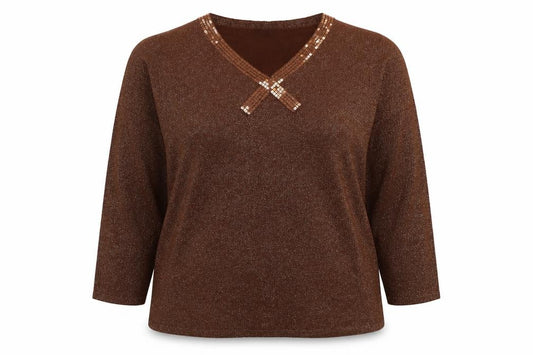 Bm Women’s Brown Metallic Sequin V-Neck Knit Jumper XL