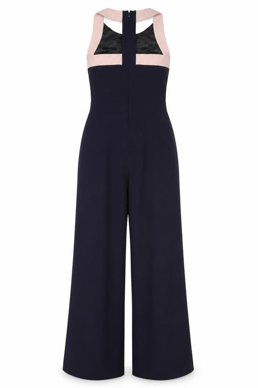 Next Women Black Pink Trim Wide Leg Belted Jumpsuit UK 12