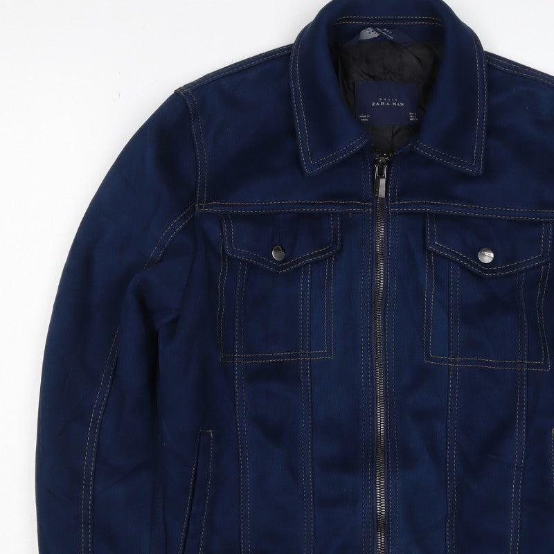 Zara Man Unisex Blue S Bomber Jacket Full Zip Collared Pockets