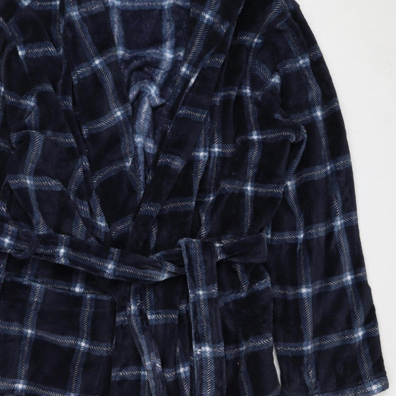 Matalan Men’s Blue Check Hooded Fleece Robe XL Belted