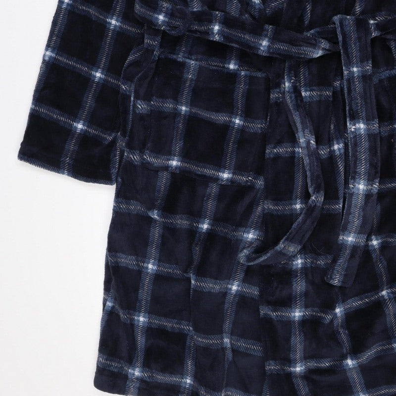 Matalan Men’s Blue Check Hooded Fleece Robe XL Belted