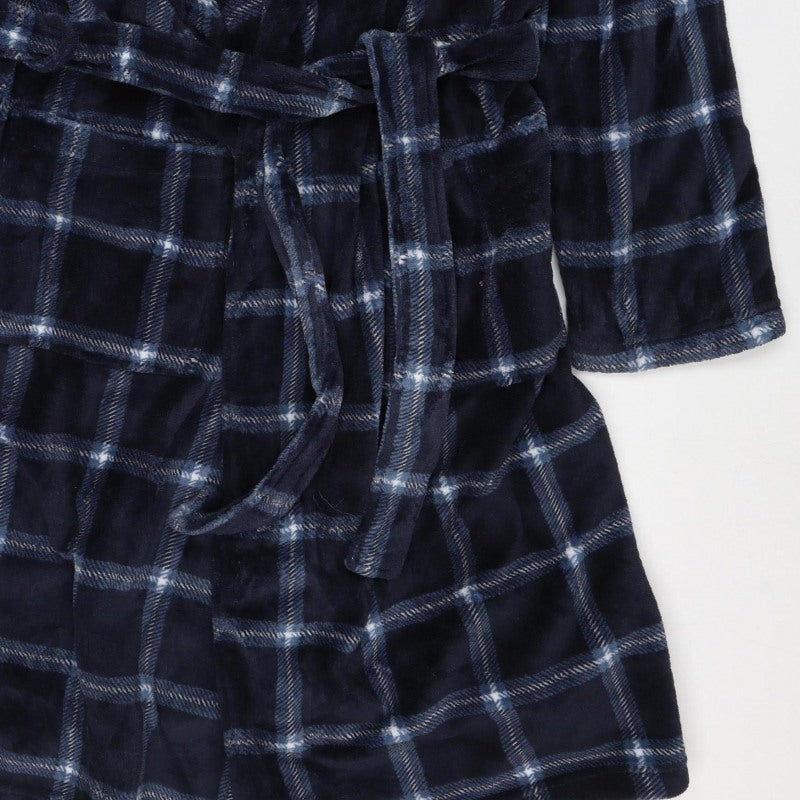Matalan Men’s Blue Check Hooded Fleece Robe XL Belted