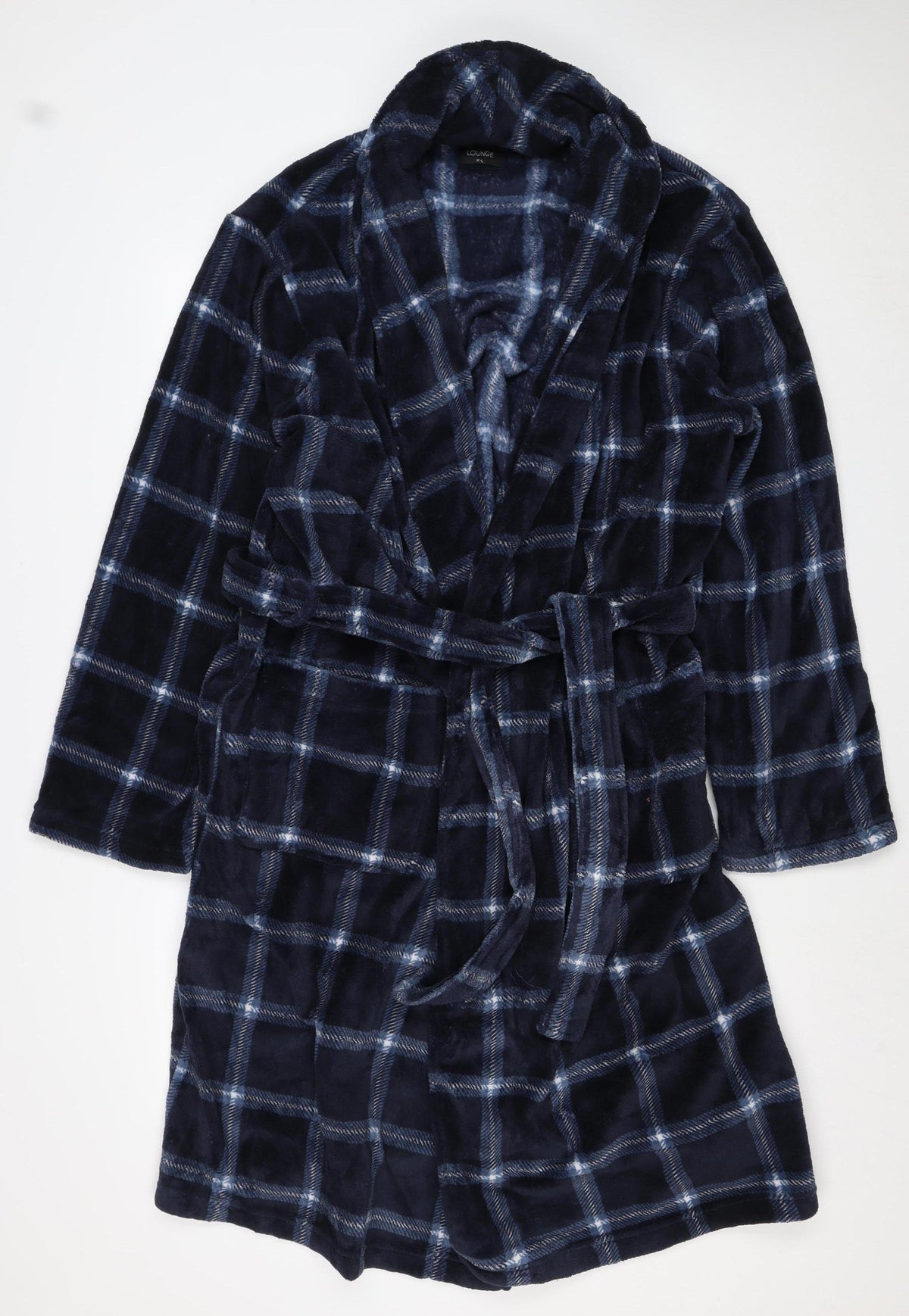 Matalan Men’s Blue Check Hooded Fleece Robe XL Belted