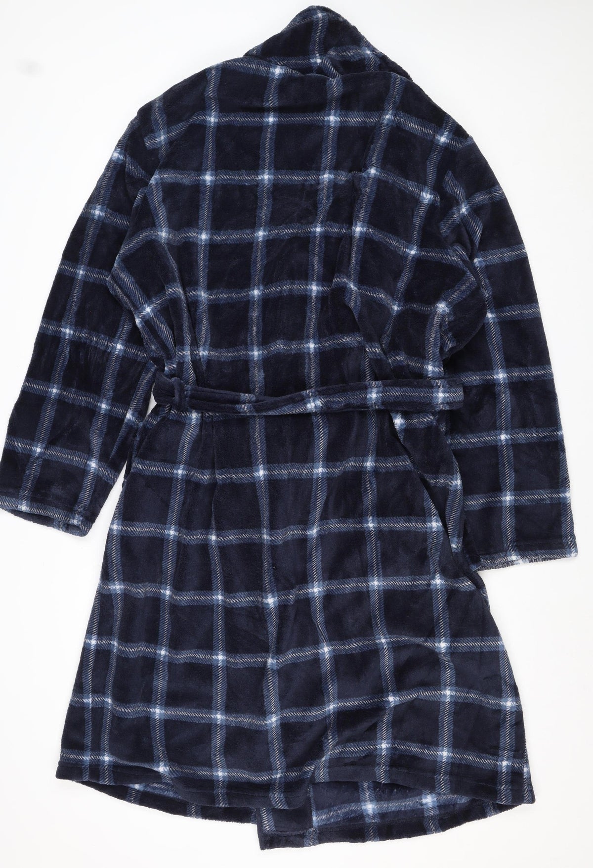Matalan Men’s Blue Check Hooded Fleece Robe XL Belted