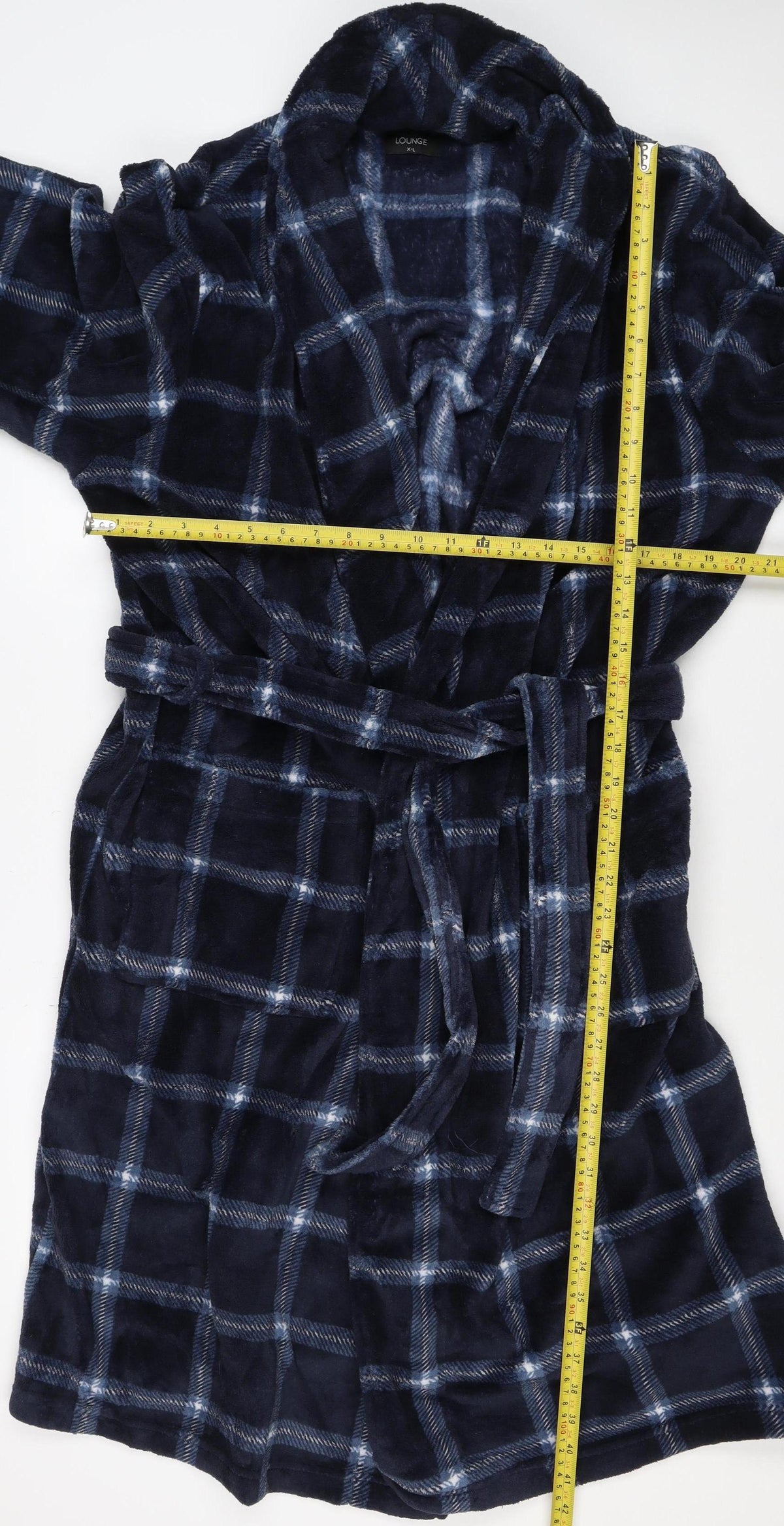 Matalan Men’s Blue Check Hooded Fleece Robe XL Belted