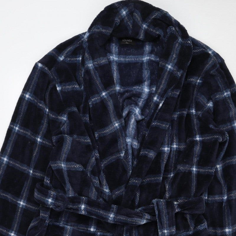 Matalan Men’s Blue Check Hooded Fleece Robe XL Belted