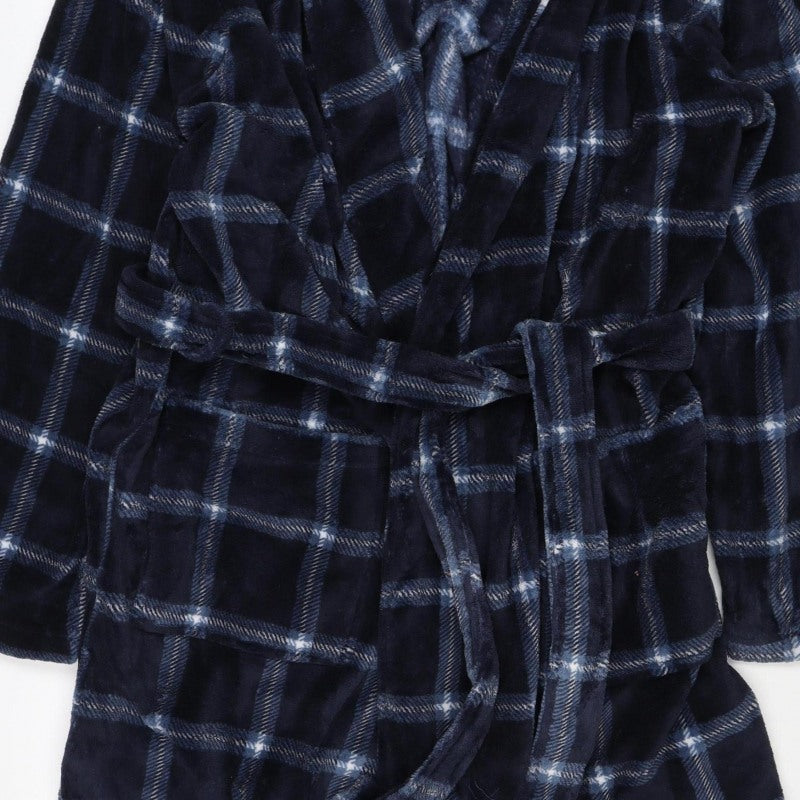 Matalan Men’s Blue Check Hooded Fleece Robe XL Belted