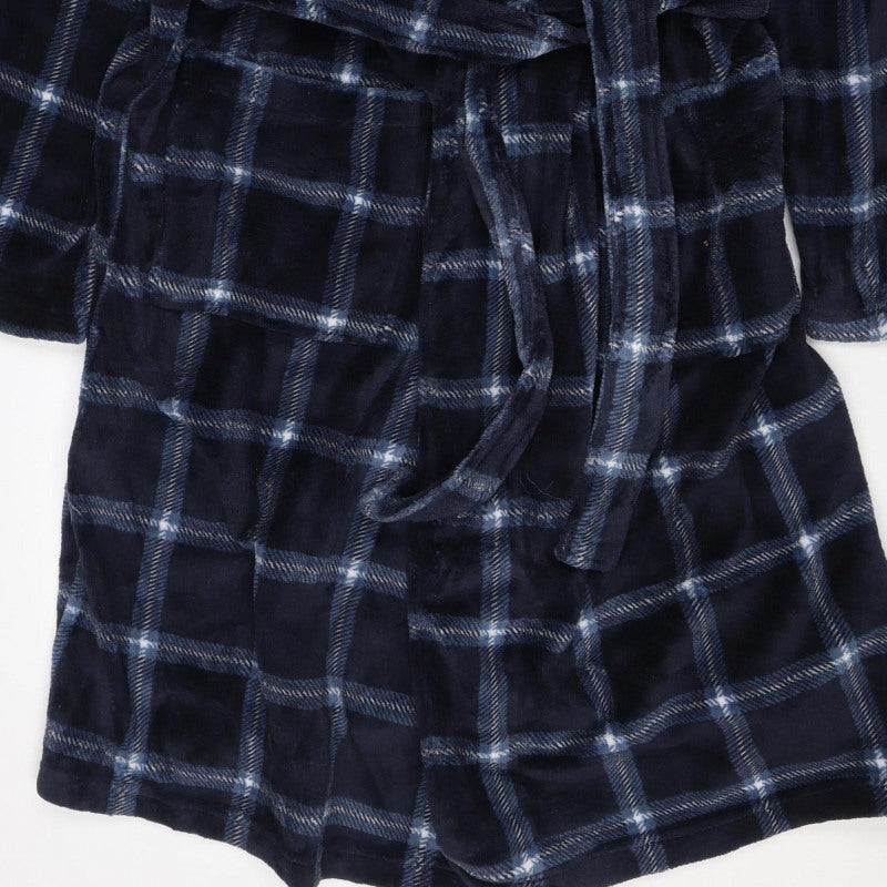 Matalan Men’s Blue Check Hooded Fleece Robe XL Belted