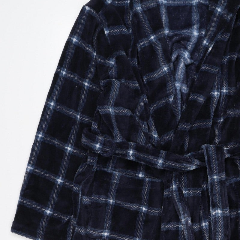 Matalan Men’s Blue Check Hooded Fleece Robe XL Belted