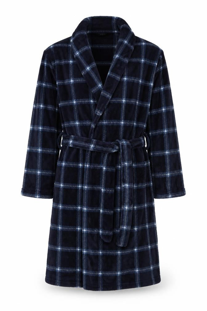Matalan Men’s Blue Check Hooded Fleece Robe XL Belted