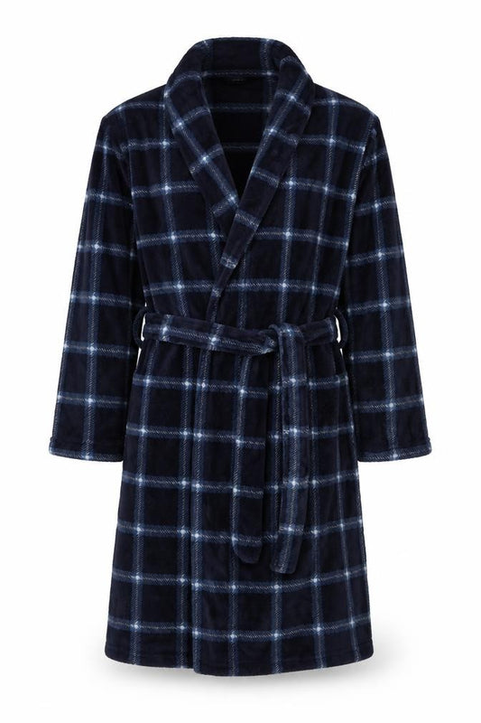 Matalan Men’s Blue Check Hooded Fleece Robe XL Belted