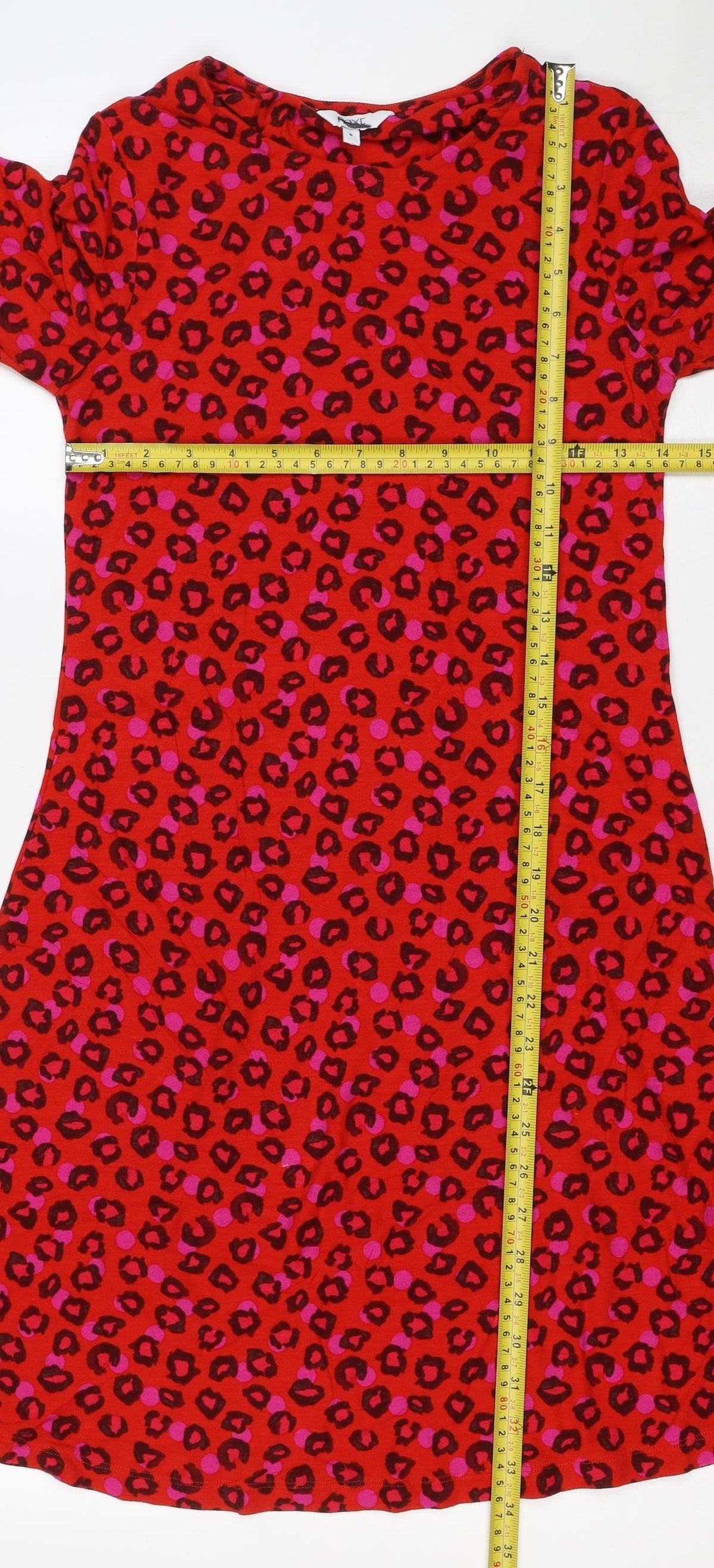 Next Women Red Leopard Print One Shoulder Shift Dress UK 6 Long Sleeve