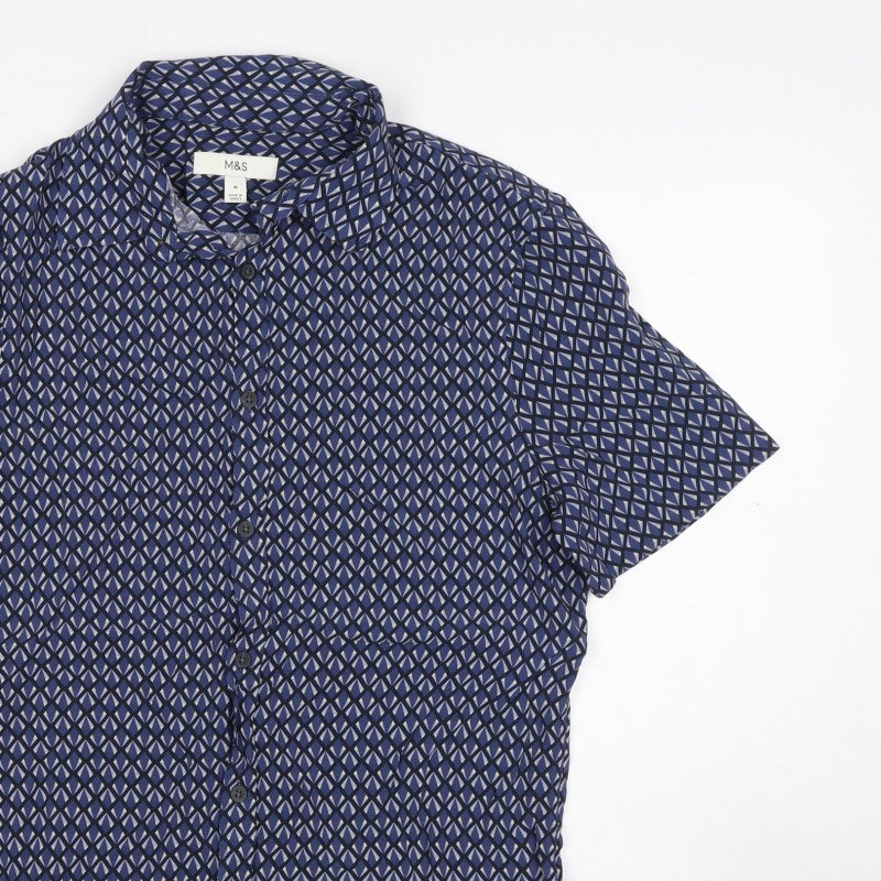 Marks and Spencer Men’s Blue Geometric Short Sleeve Button-Up Shirt M