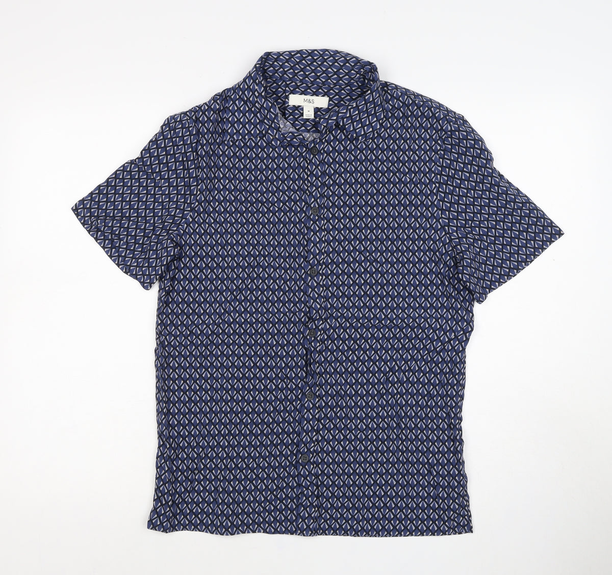 Marks and Spencer Men’s Blue Geometric Short Sleeve Button-Up Shirt M