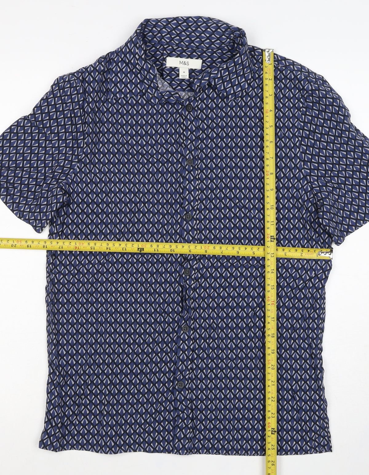 Marks and Spencer Men’s Blue Geometric Short Sleeve Button-Up Shirt M