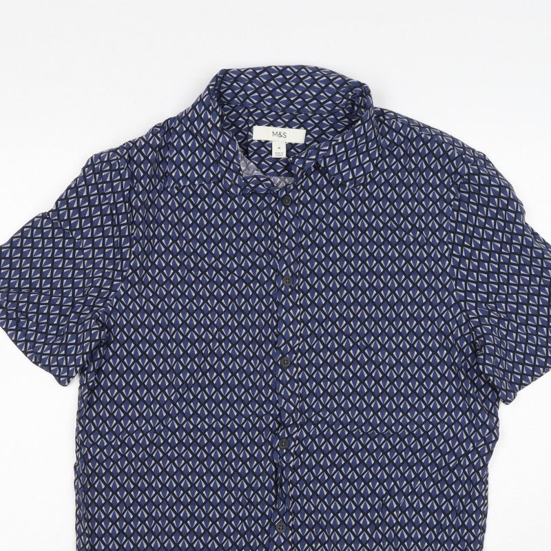 Marks and Spencer Men’s Blue Geometric Short Sleeve Button-Up Shirt M