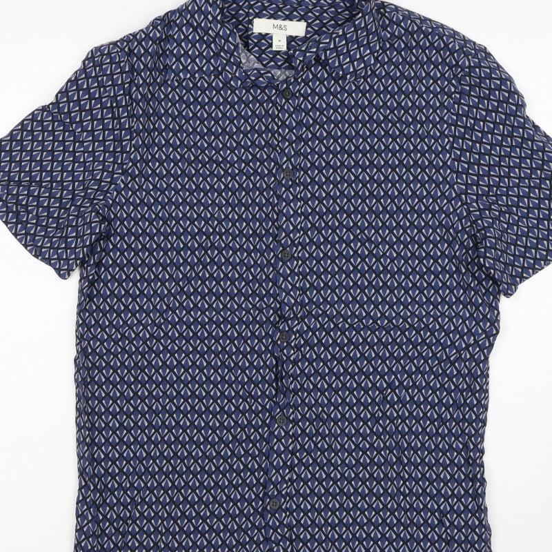 Marks and Spencer Men’s Blue Geometric Short Sleeve Button-Up Shirt M