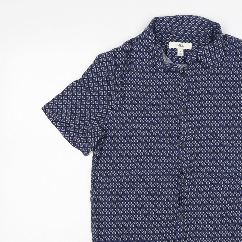 Marks and Spencer Men’s Blue Geometric Short Sleeve Button-Up Shirt M