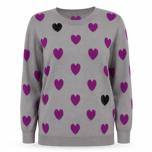 Oasis Women’s Grey Purple Heart Rhinestone Knit Jumper M