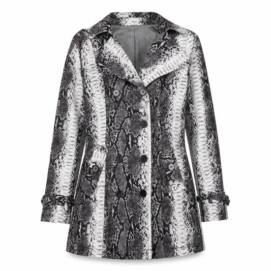 Kelyna Paris Women Grey Snake Print L Trench Coat Double Breasted Belted