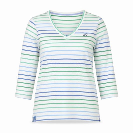 Lighthouse Women’s White Blue Green Striped V-Neck Jersey Top UK 10