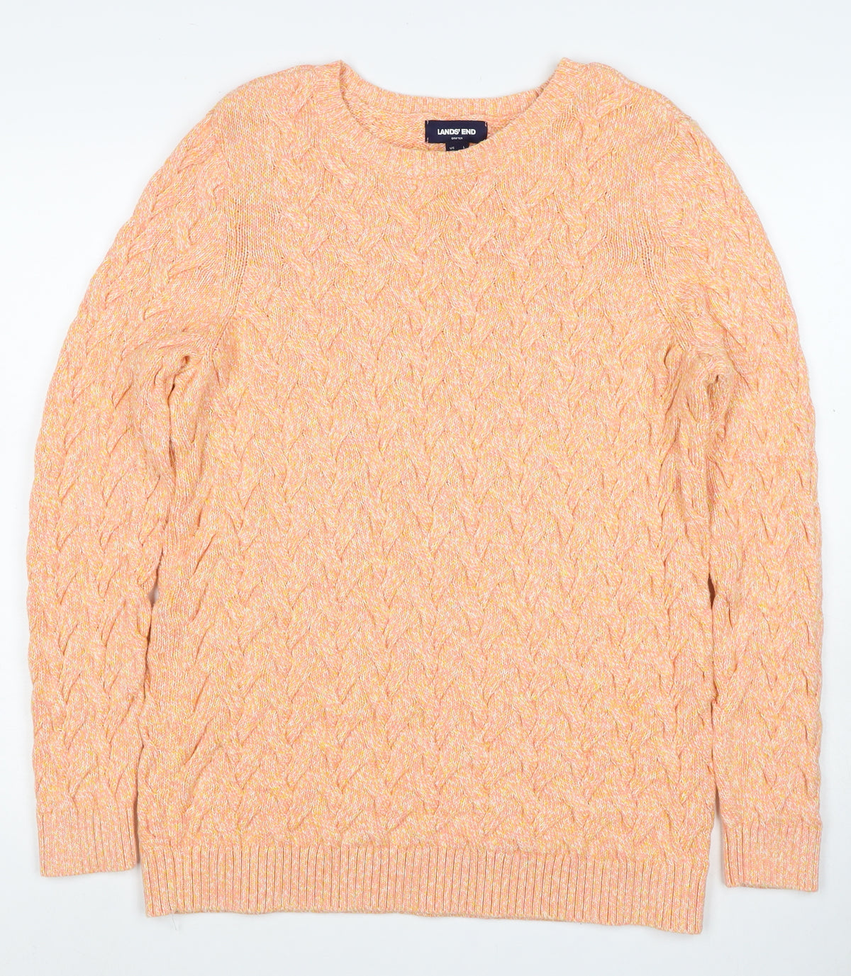 Lands' End Men’s Orange L Cable Knit Cotton Crew Neck Pullover Jumper