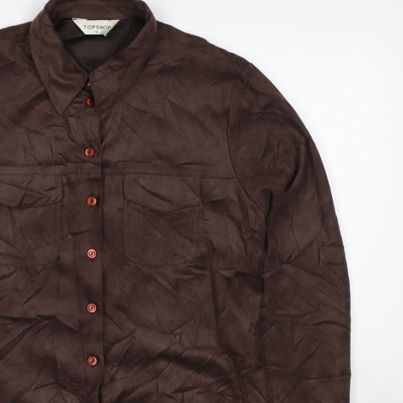 Topshop Women Brown Size 16 Button-Up Collared Long Sleeve Shirt
