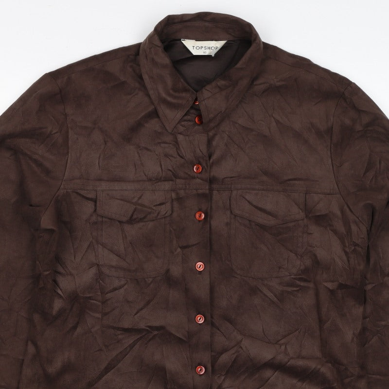 Topshop Women Brown Size 16 Button-Up Collared Long Sleeve Shirt