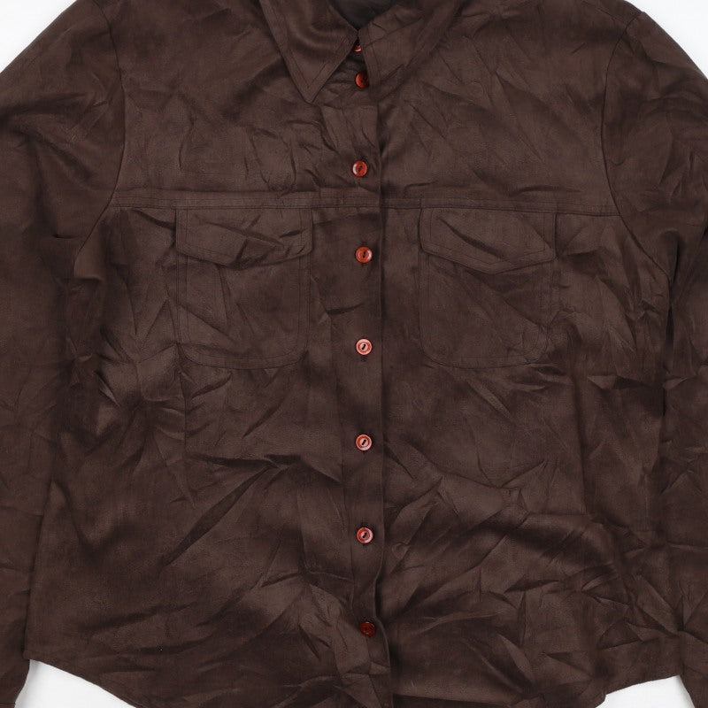 Topshop Women Brown Size 16 Button-Up Collared Long Sleeve Shirt