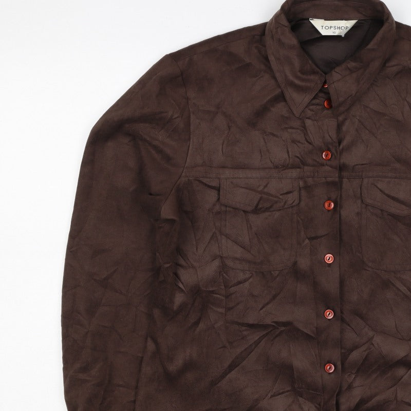 Topshop Women Brown Size 16 Button-Up Collared Long Sleeve Shirt