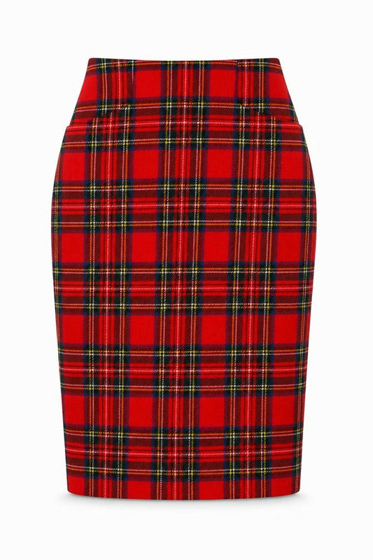 St Michael Women’s Red Tartan Plaid Wool Pencil Skirt UK 10 Vintage