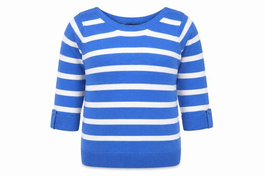 Isle Women’s Blue White Striped Boat Neck Button Jumper UK 10