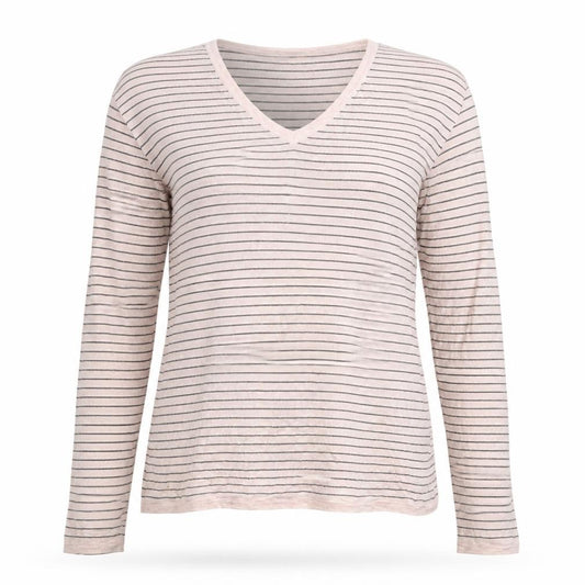 Monsoon Women Pink L Striped Cotton V-Neck Long Sleeve Basic T-Shirt