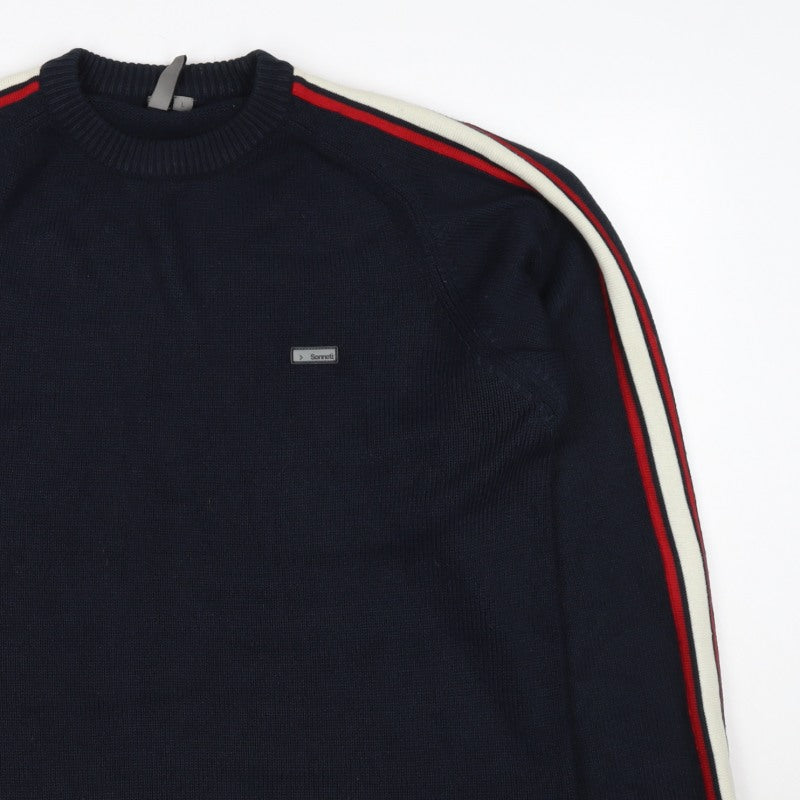 Sonneti Men’s Blue L Pullover Crew Neck Striped Sleeve Knit Jumper